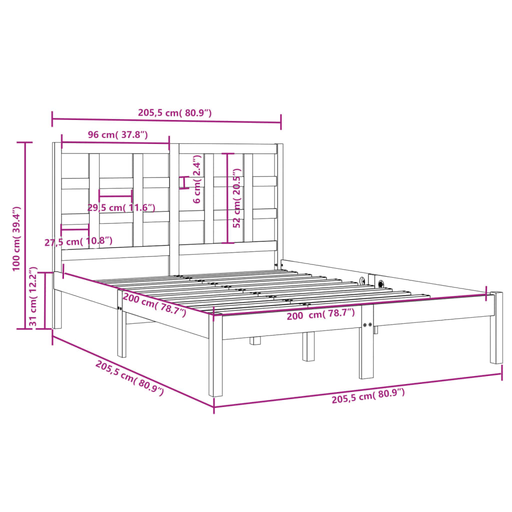Bed Frame without Mattress Black 200x200 cm Solid Wood