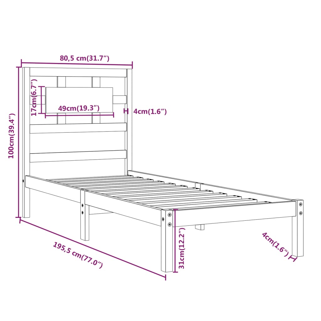 vidaXL Bed Frame without Mattress Black 75x190 cm Small Single Solid Wood