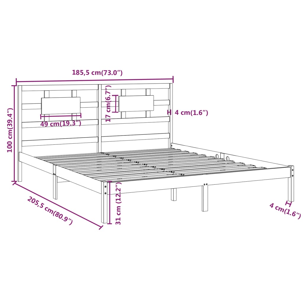 vidaXL Bed Frame without Mattress Grey 180x200 cm Super King Solid Wood