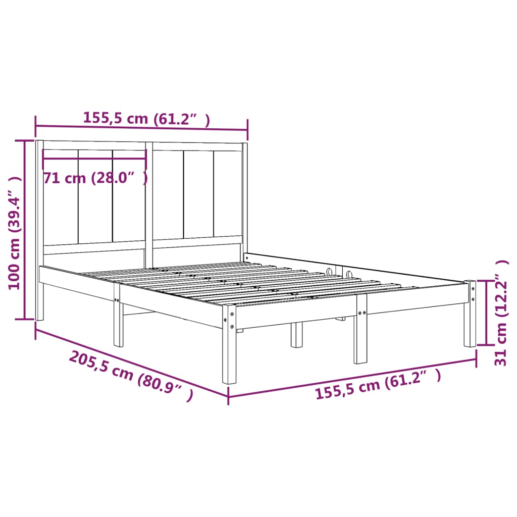 vidaXL Bed Frame without Mattress 150x200 cm King Size Solid Wood Pine