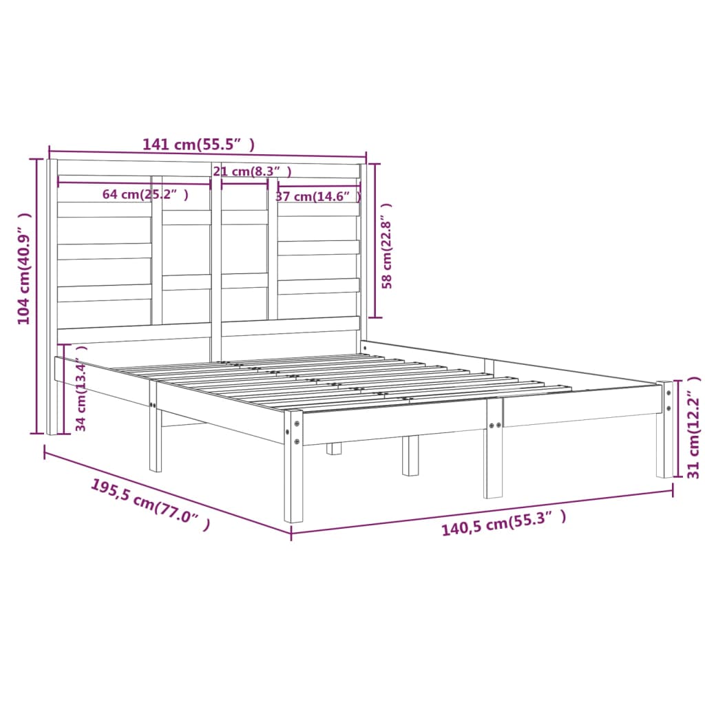 vidaXL Bed Frame without Mattress Grey Solid Wood 135x190 cm Double Double