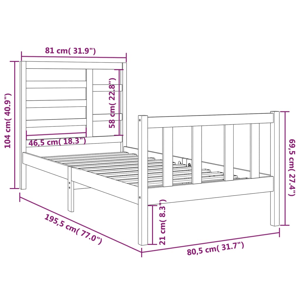 vidaXL Bed Frame without Mattress Black Solid Wood 75x190 cm Small Single