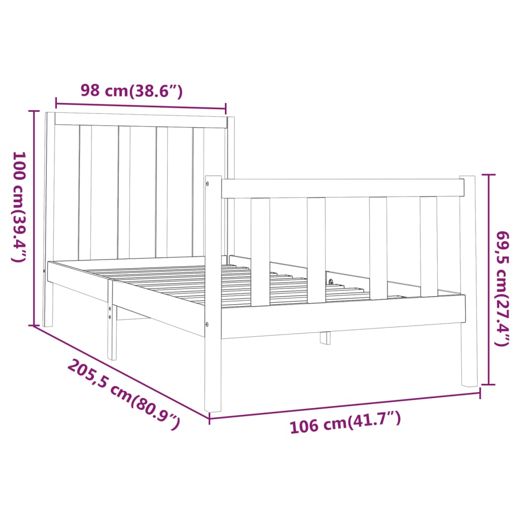 vidaXL Bed Frame without Mattress Black 100x200 cm Solid Wood Pine