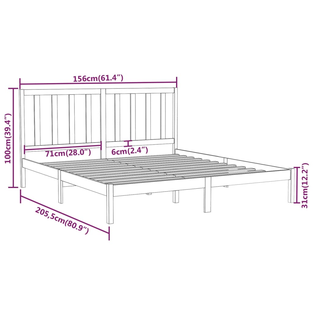 vidaXL Bed Frame without Mattress Black 150x200 cm King Size Solid Wood