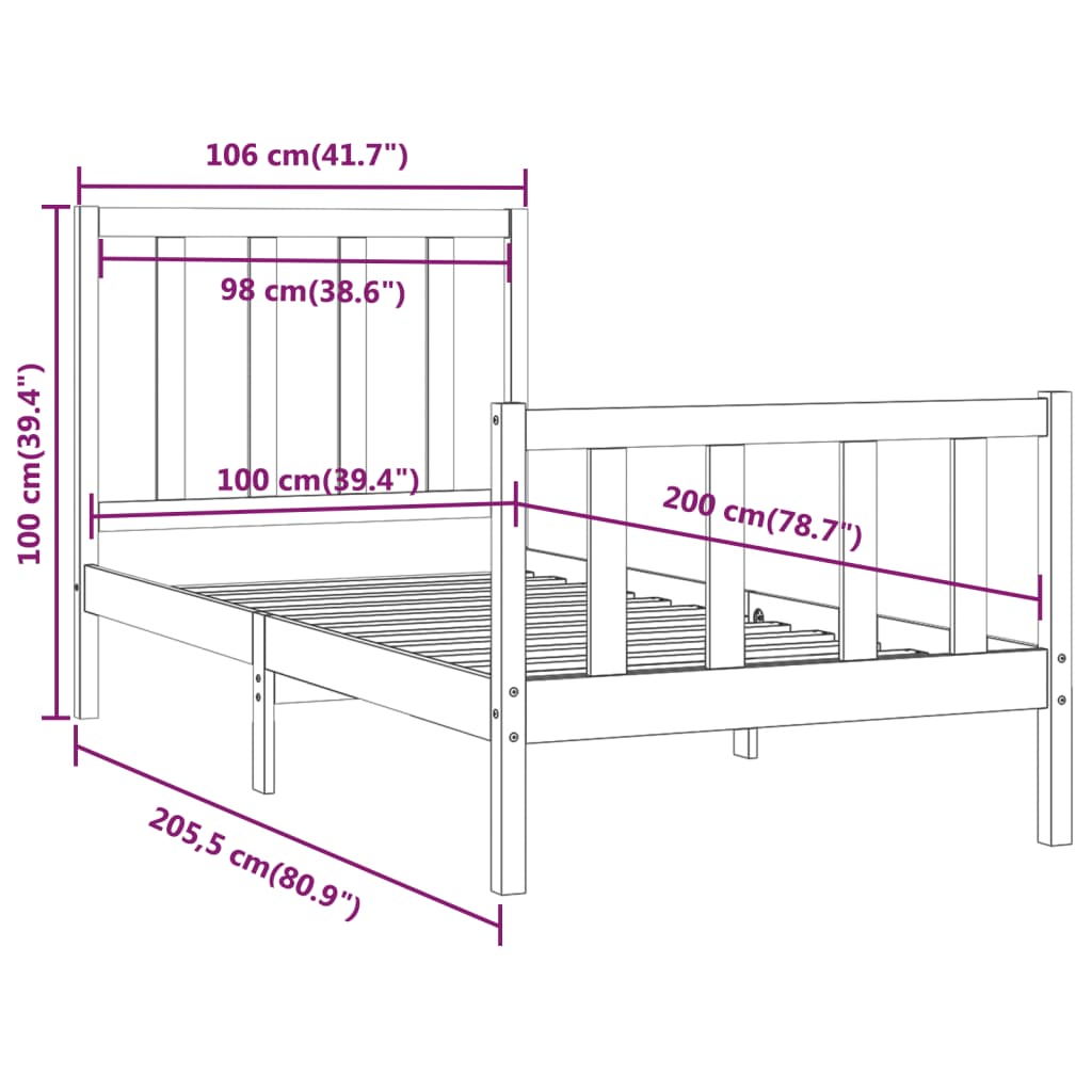 vidaXL Bed Frame without Mattress Black 100x200 cm Solid Wood