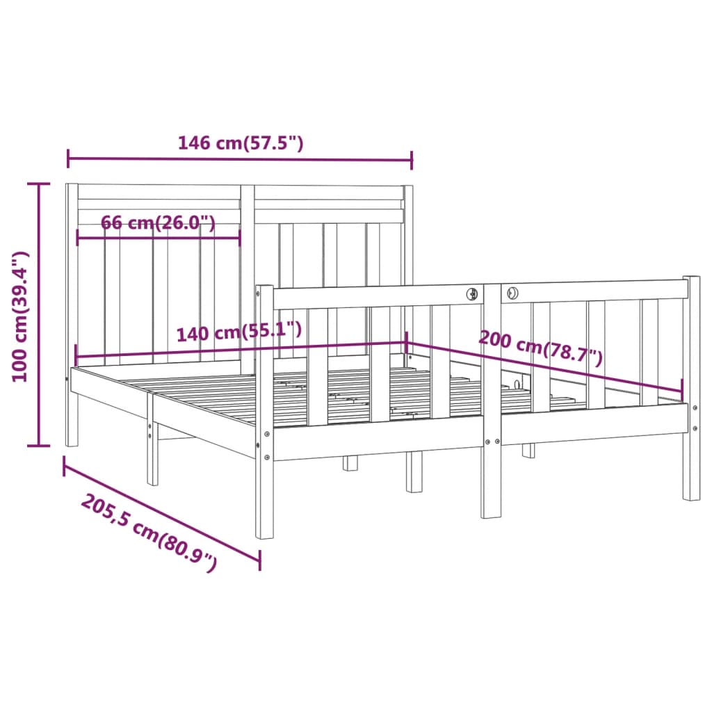 vidaXL Bed Frame without Mattress Black Solid Wood Pine 140x200 cm