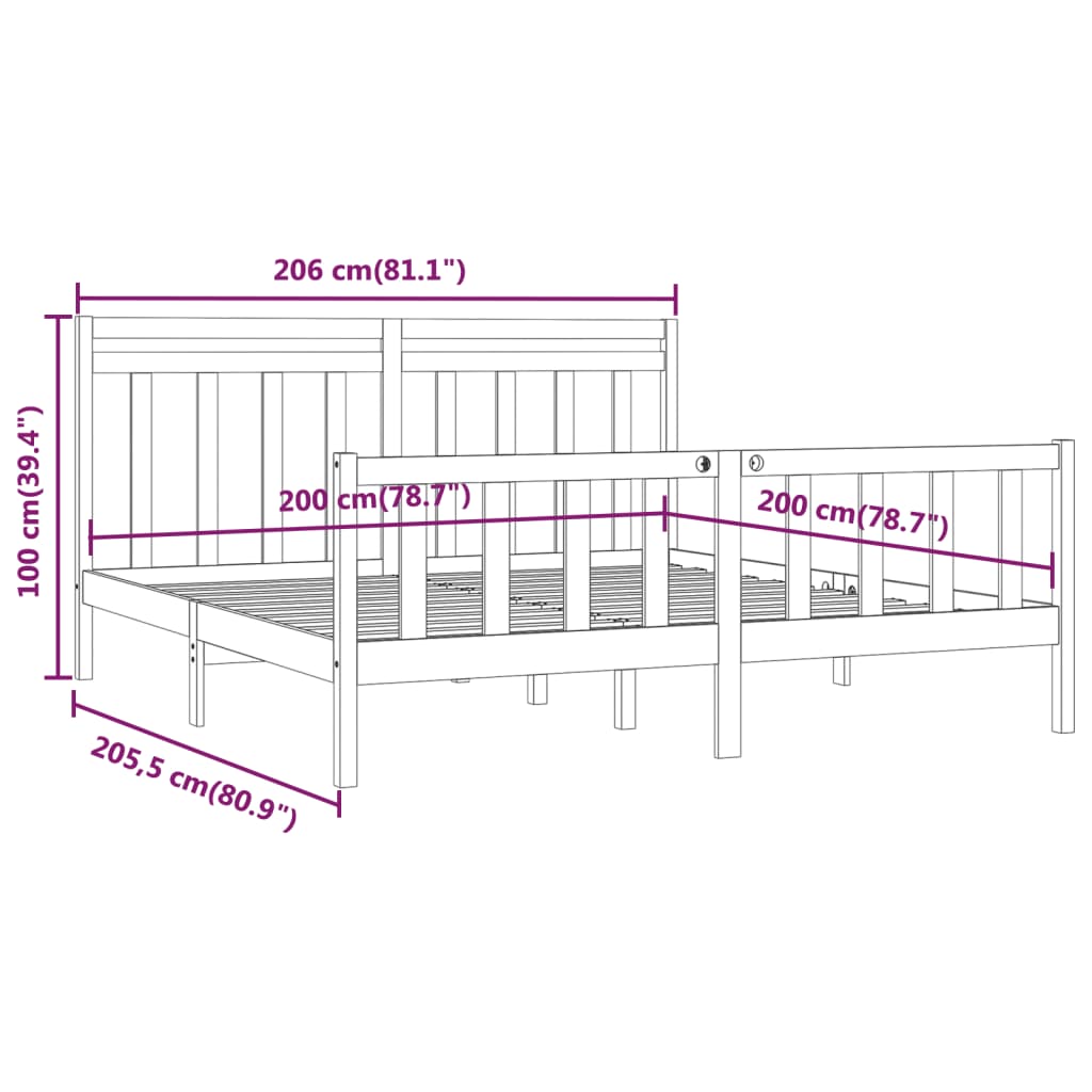 Bed Frame without Mattress Black Solid Wood Pine 200x200 cm