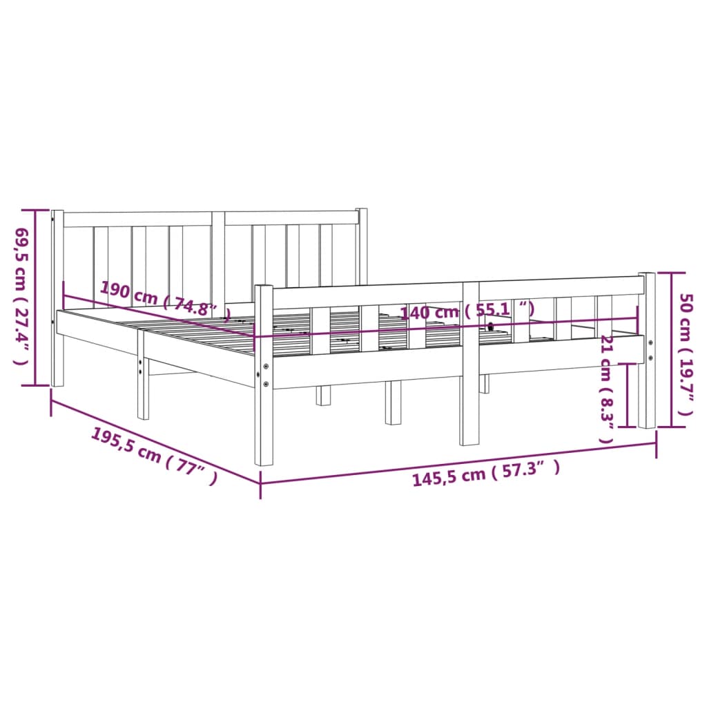 Bed Frame | Grey | Solid Pine Wood | Double | Durable | Bed Frame