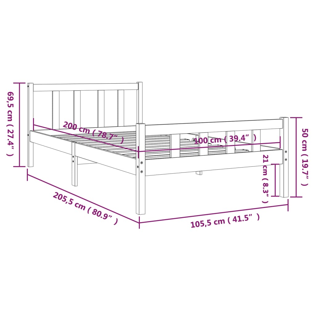 vidaXL Bed Frame without Mattress Solid Wood 100x200 cm