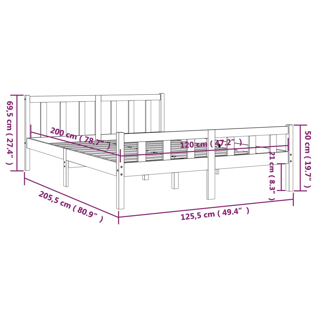 vidaXL Bed Frame without Mattress Black Solid Wood 120x200 cm