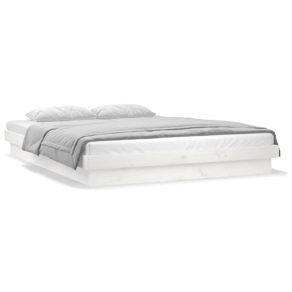 LED Bed Frame without Mattress White Double Solid Wood