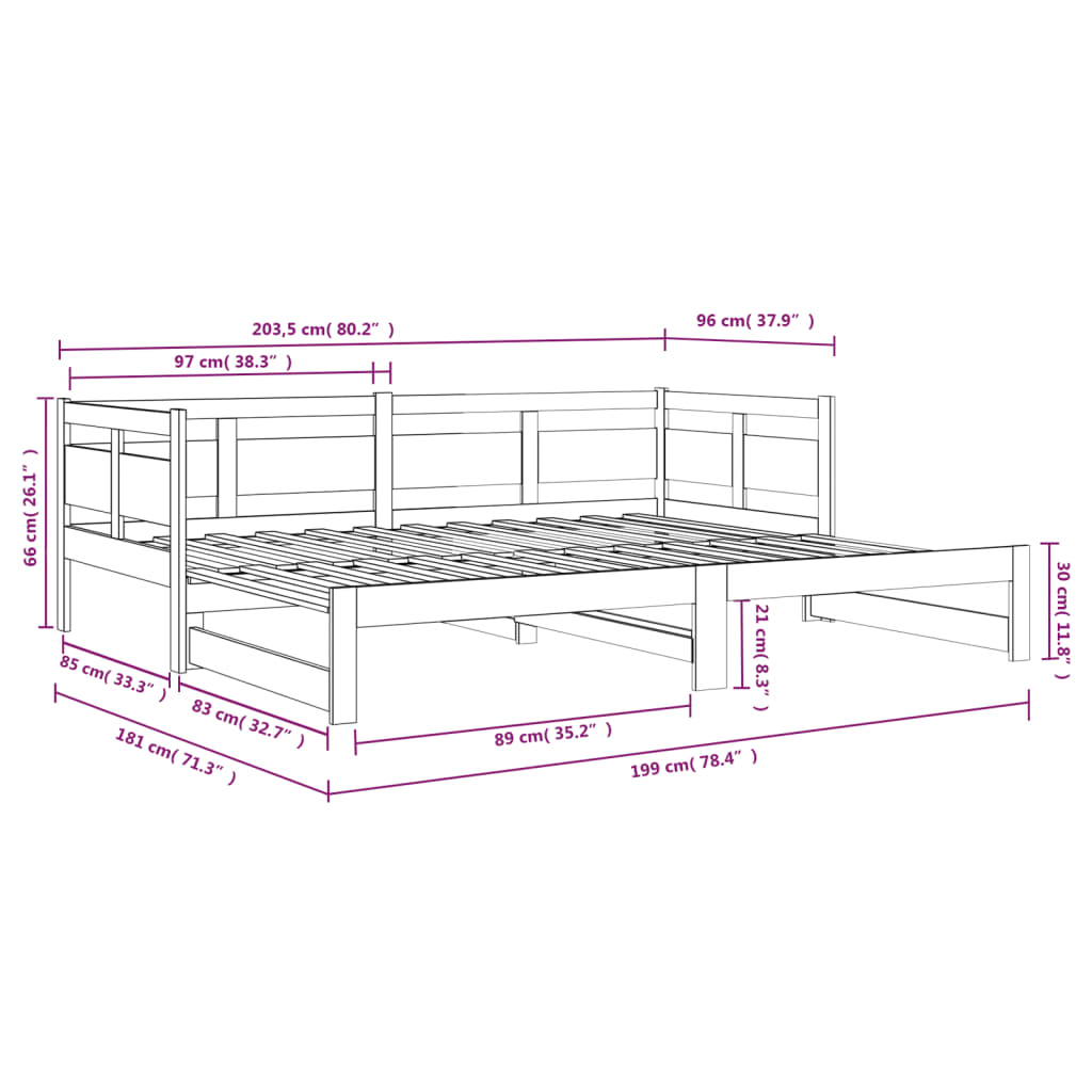 vidaXL Pull-out Day Bed without Mattress Black 2x(90x200) cm