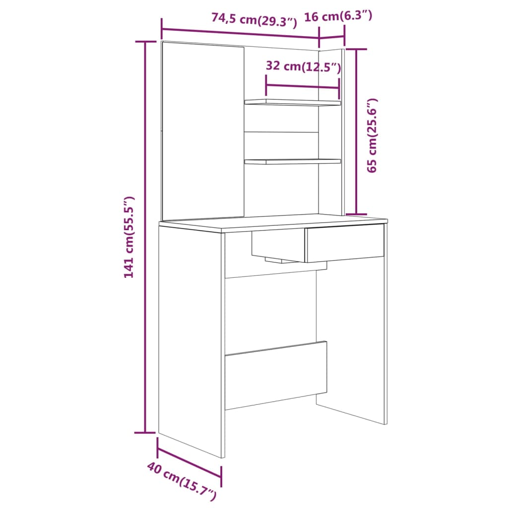 vidaXL Dressing Table with Mirror Concrete Grey 74.5x40x141 cm