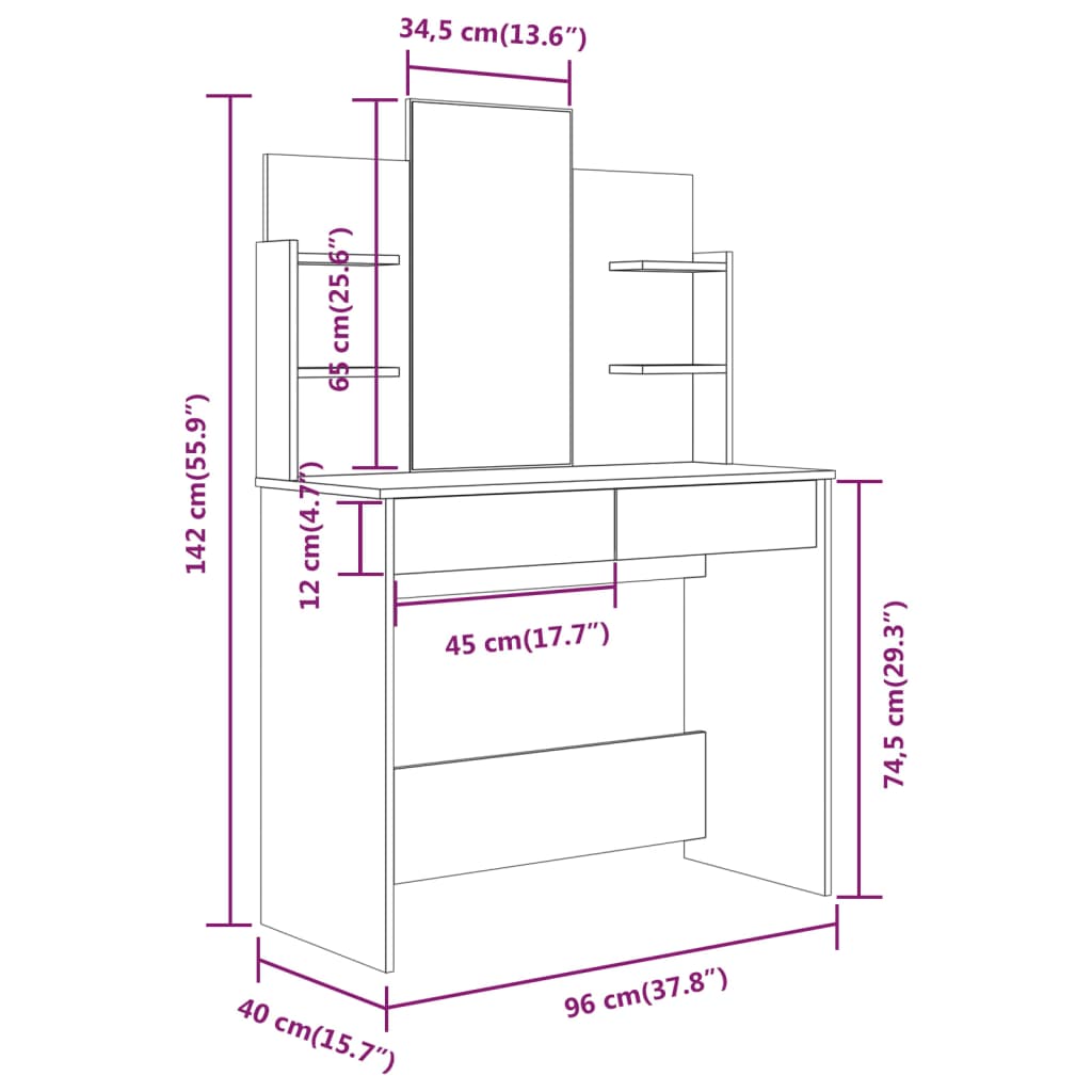 vidaXL Dressing Table with Mirror White 96x40x142 cm