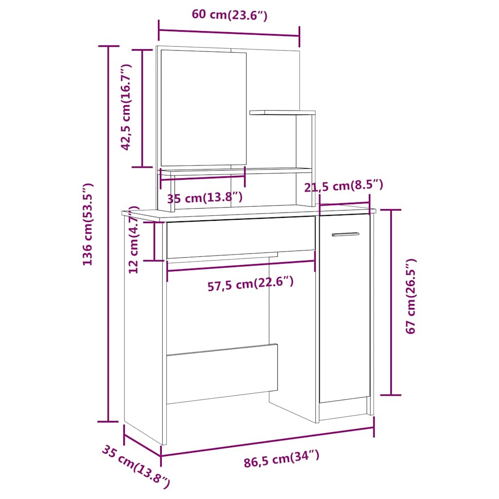 Dressing Table with Mirror High Gloss White 86,5x35x136 cm