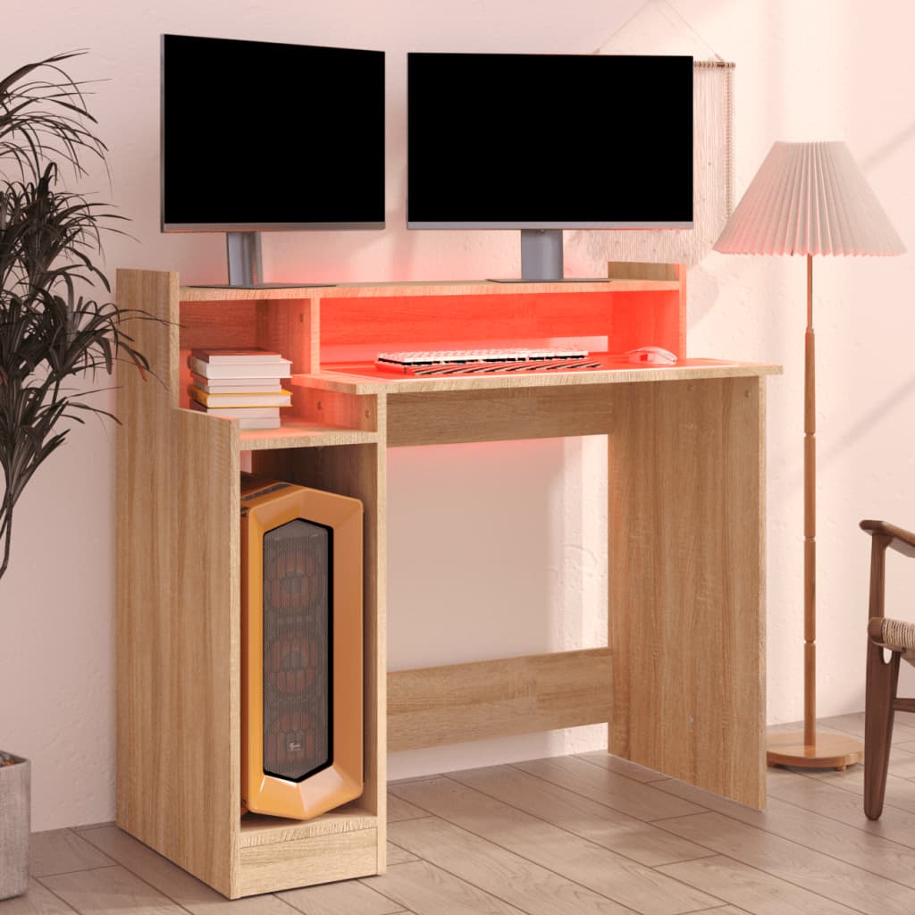 vidaXL Desk with LED Lights Sonoma Oak 97x45x90 cm Engineered Wood