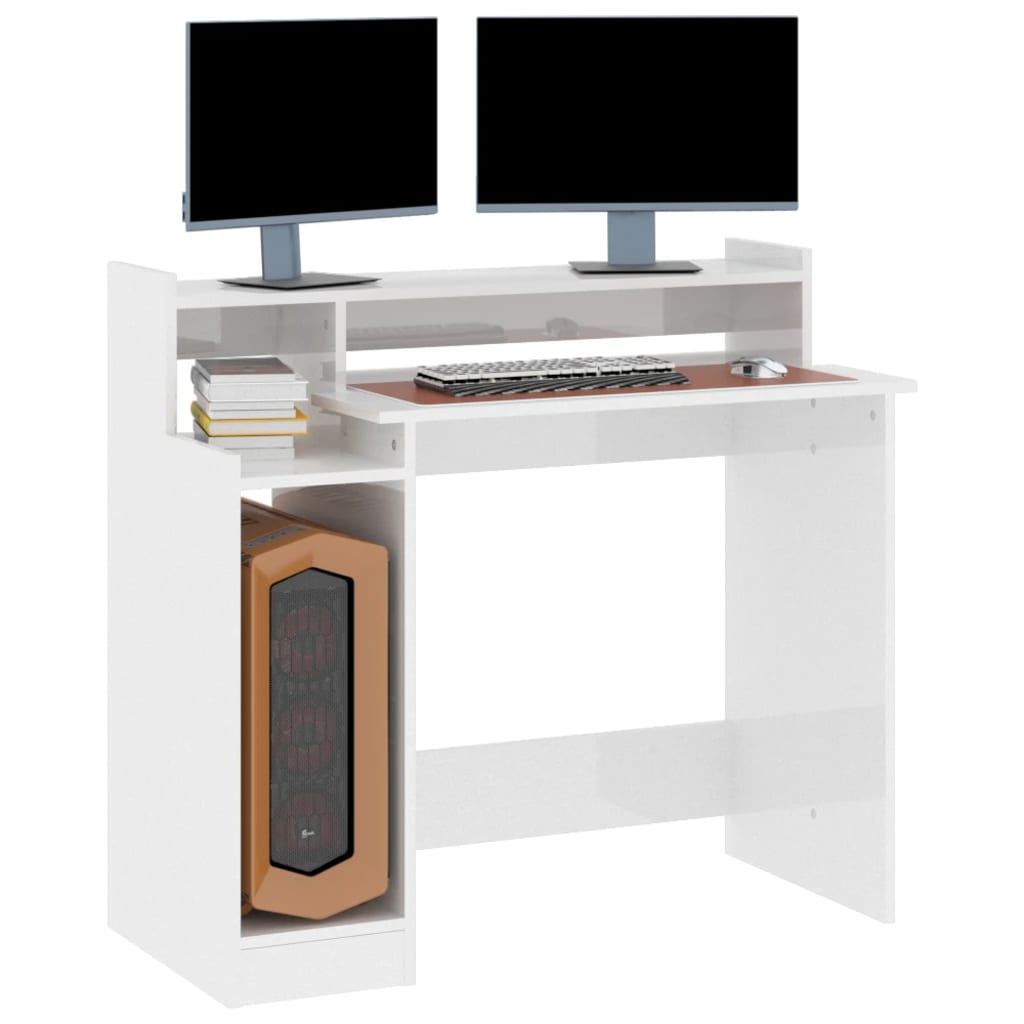 vidaXL Desk with LED Lights High Gloss White  97x45x90 cm Engineered Wood