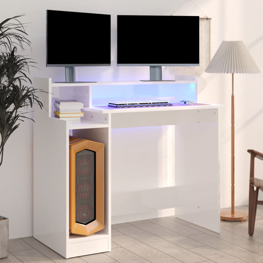 vidaXL Desk with LED Lights High Gloss White  97x45x90 cm Engineered Wood