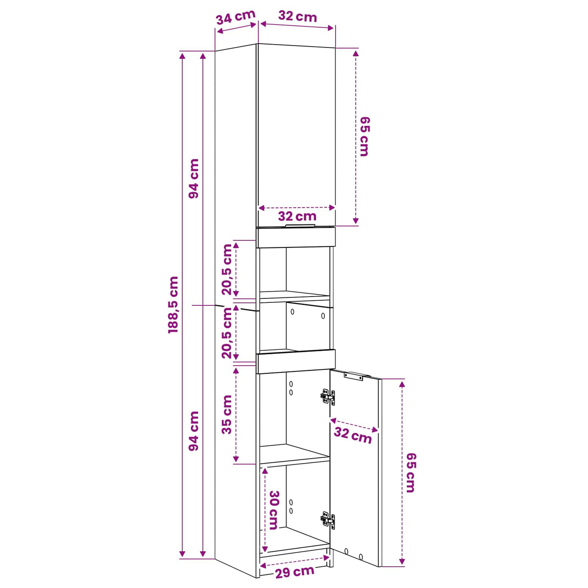 Bathroom Cabinet White 32x34x188,5 cm Engineered Wood