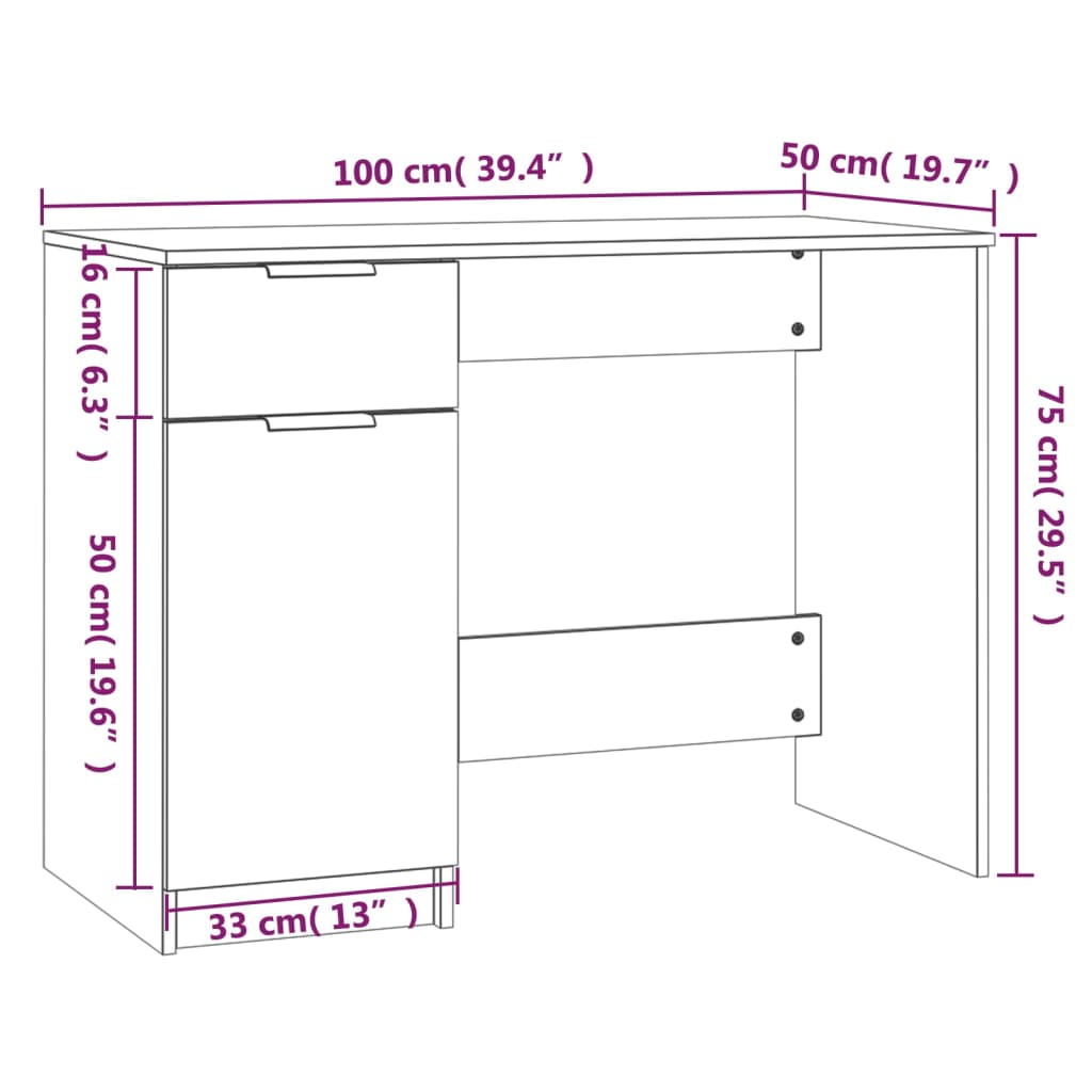 vidaXL Desk Sonoma Oak 100x50x75 cm Engineered Wood