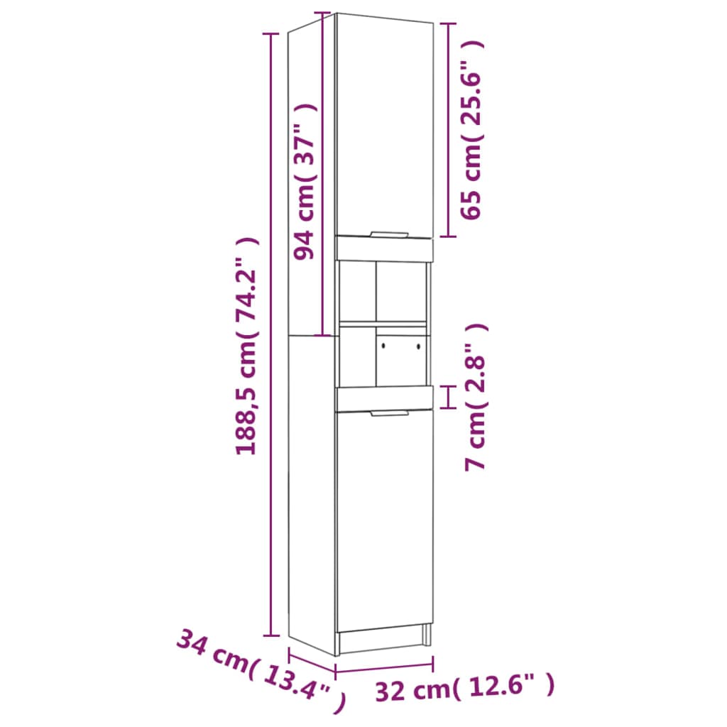 vidaXL Bathroom Cabinet Grey Sonoma 32x34x188.5 cm Engineered Wood