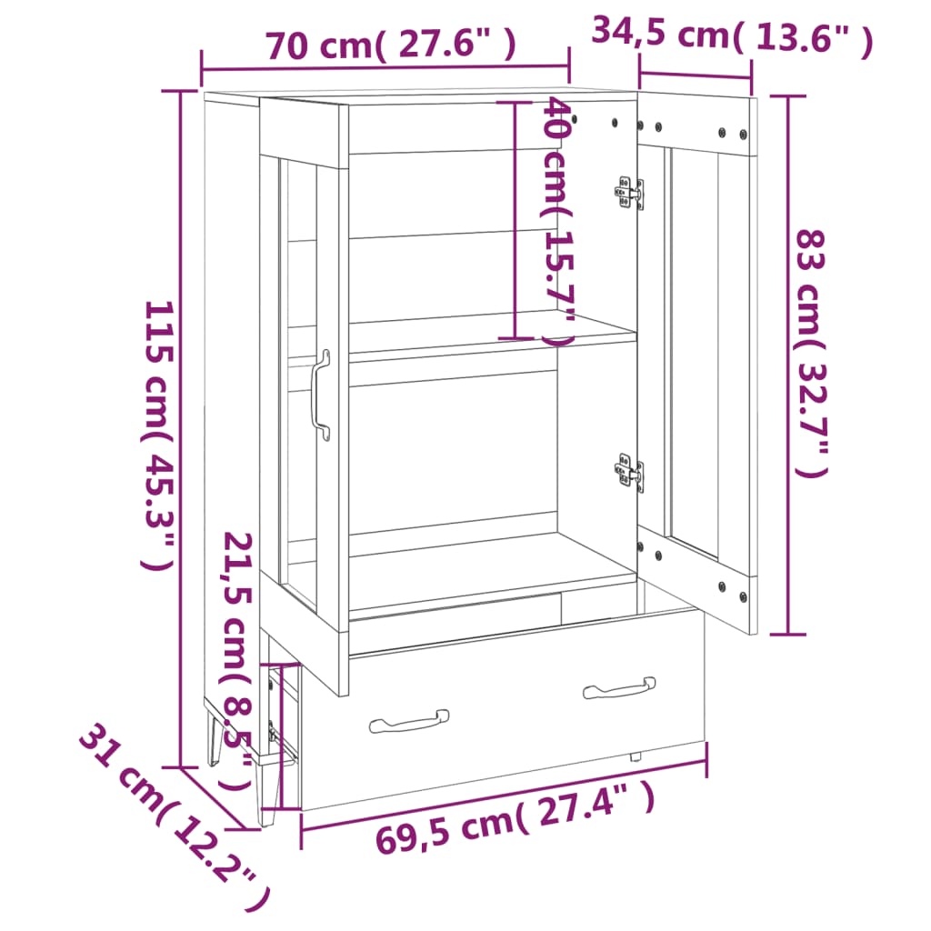 vidaXL Highboard Grey Sonoma 70x31x115 cm Engineered Wood