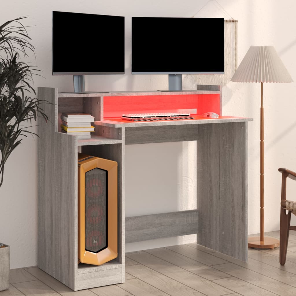 vidaXL Desk with LED Lights Grey Sonoma 97x45x90 cm Engineered Wood