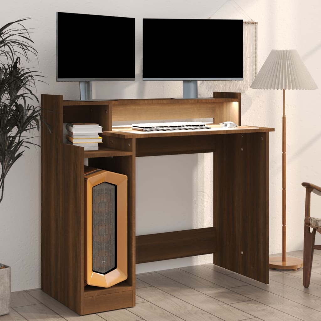 vidaXL Desk with LED Lights Brown Oak 97x45x90 cm Engineered Wood