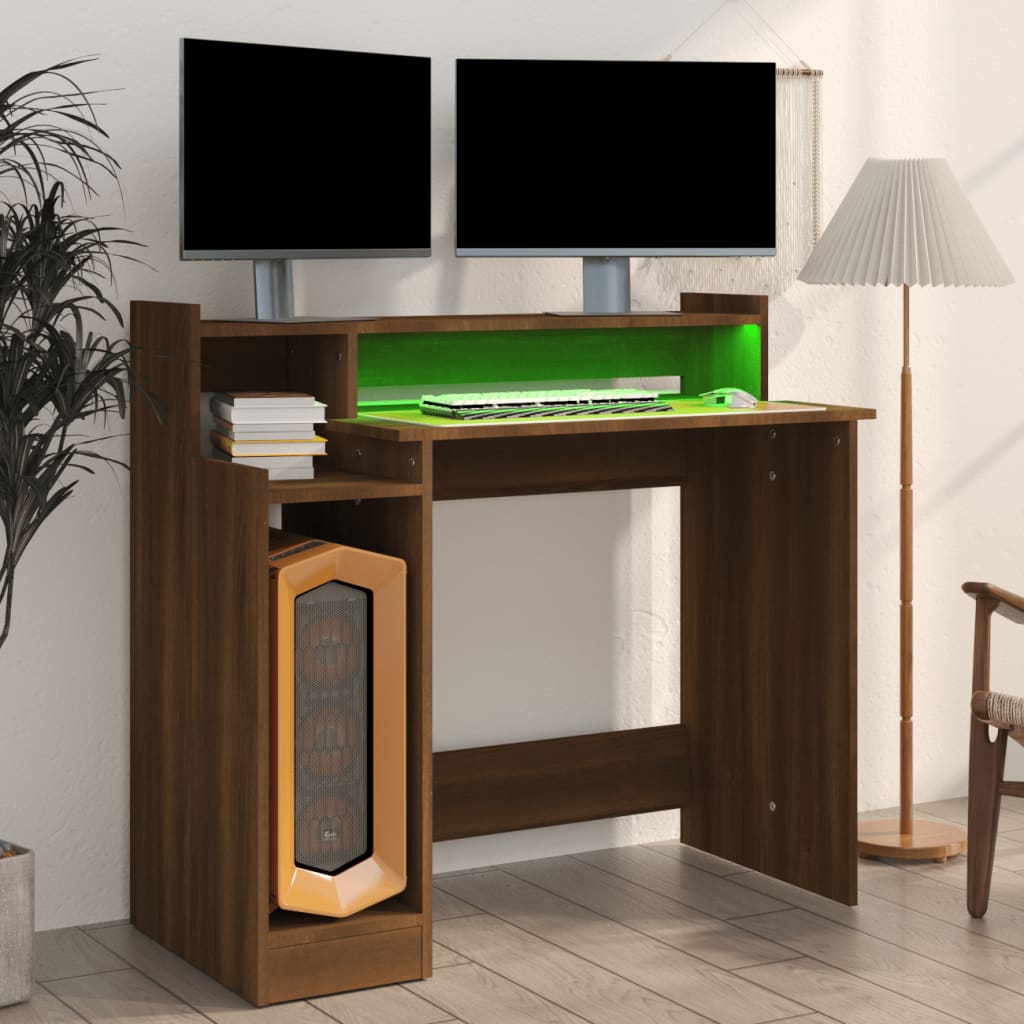 vidaXL Desk with LED Lights Brown Oak 97x45x90 cm Engineered Wood