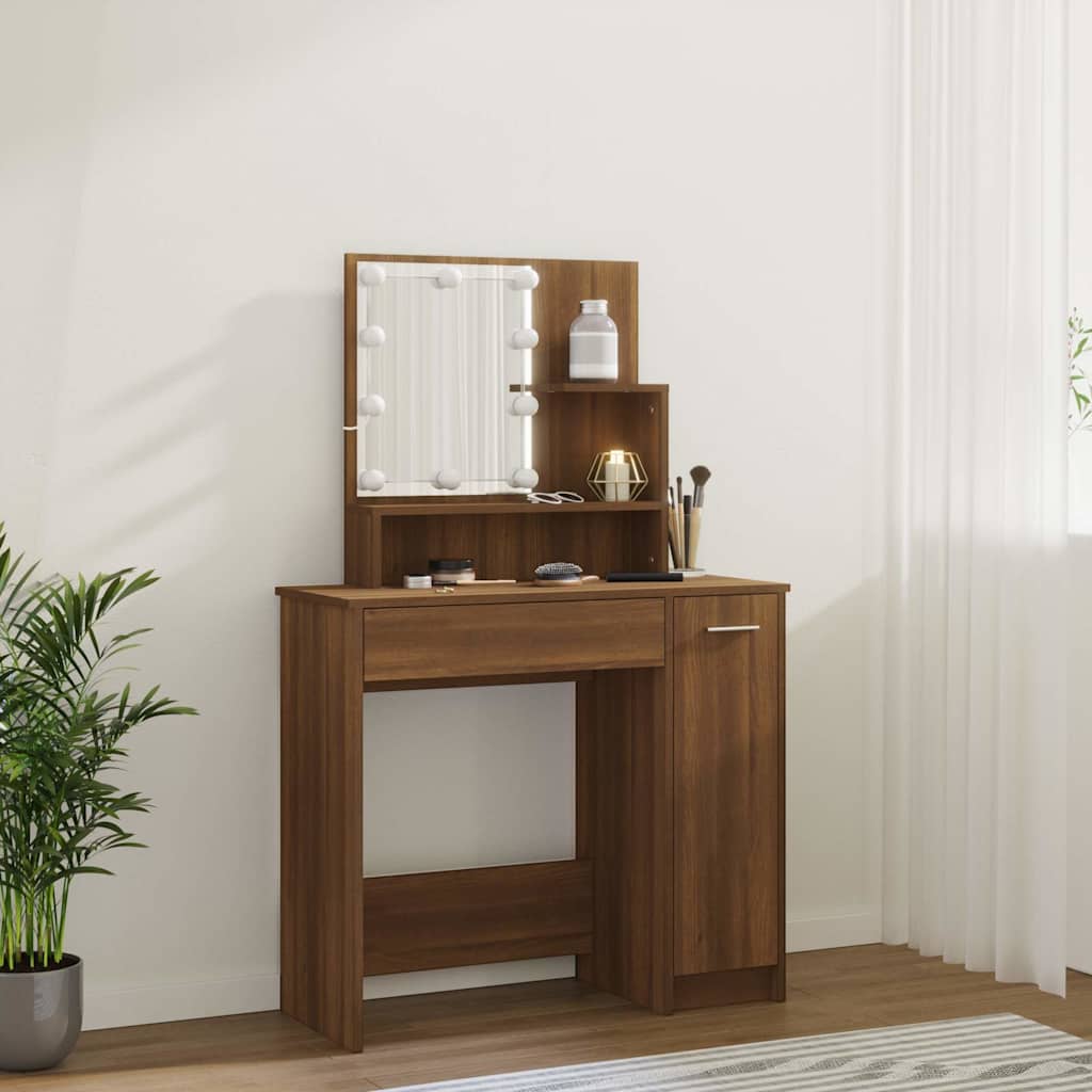 Dressing Table with LED Brown Oak 86,5x35x136 cm