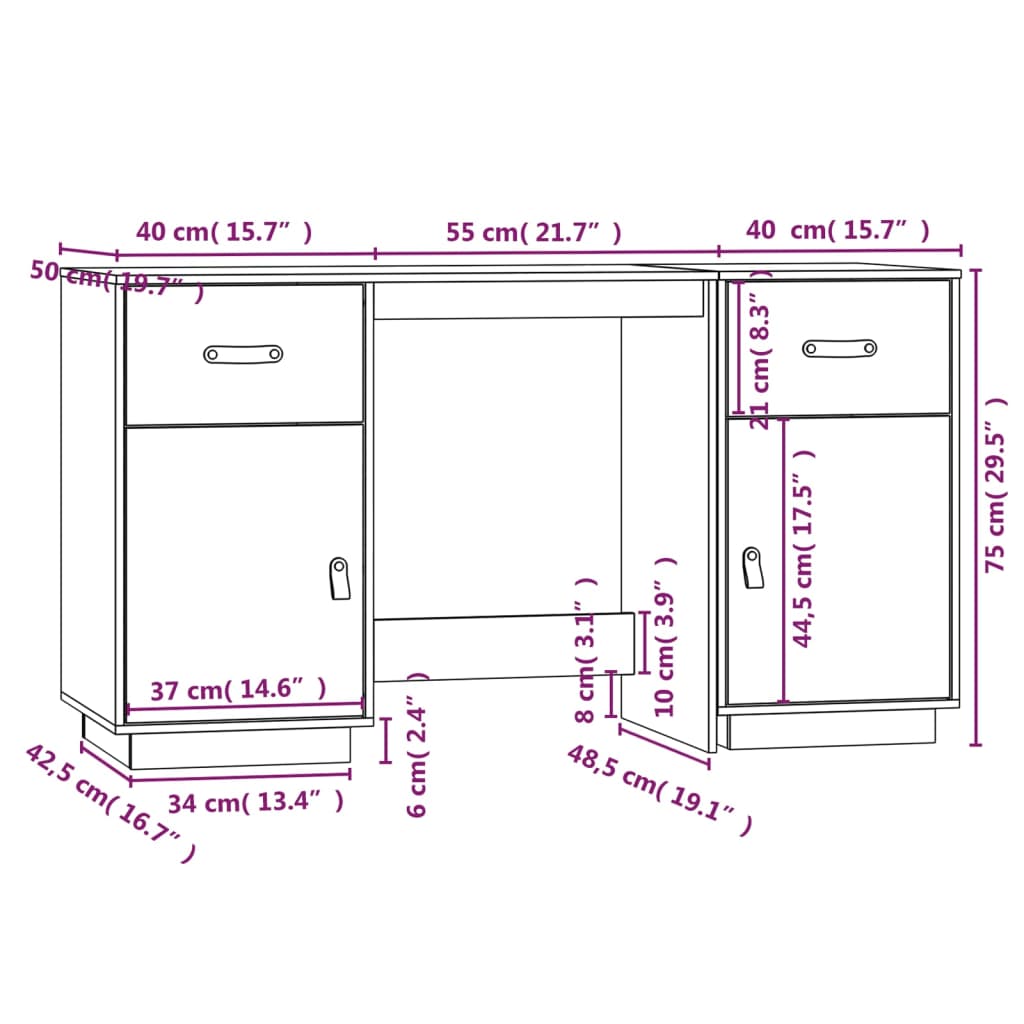 vidaXL Desk with Cabinets 135x50x75 cm Solid Wood Pine