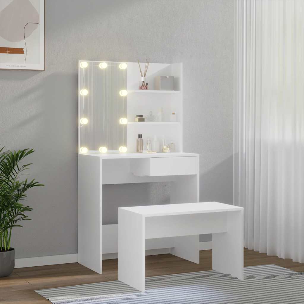 Dressing Table Set with LED White Engineered Wood
