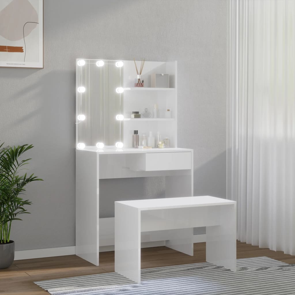 Dressing Table Set with LED High Gloss White Engineered Wood