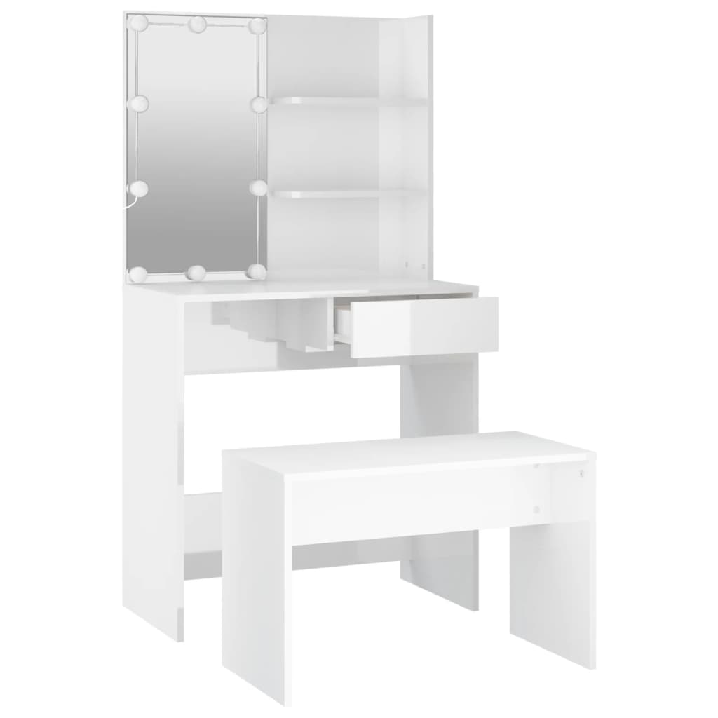 Dressing Table Set with LED High Gloss White Engineered Wood