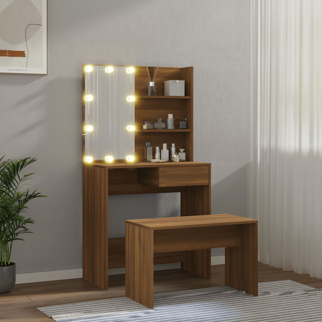 Dressing Table Set with LED Brown Oak Engineered Wood