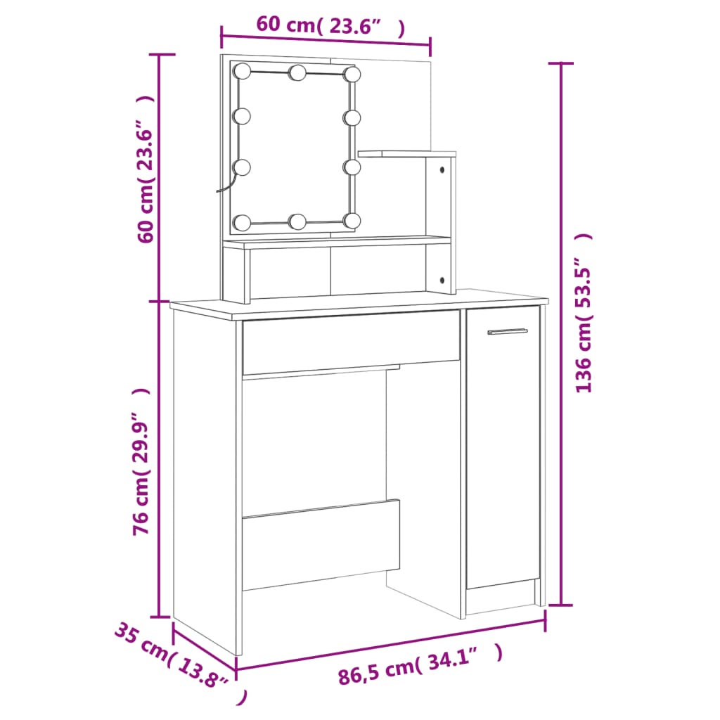 Dressing Table Set With LED | White | Engineered wood | Medium