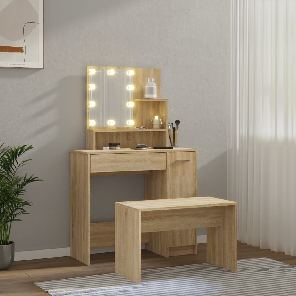 Dressing Table Set with LED Sonoma Oak Engineered Wood