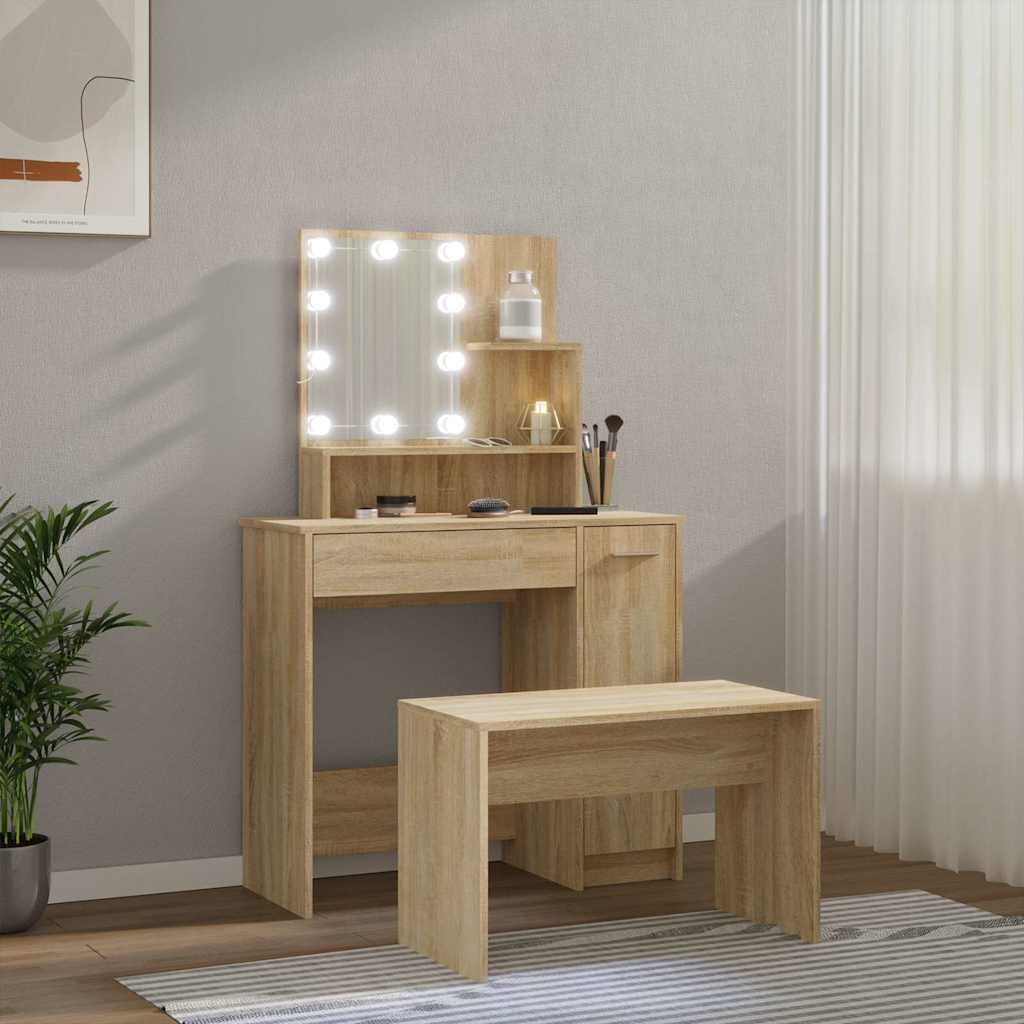 Dressing Table Set with LED Sonoma Oak Engineered Wood