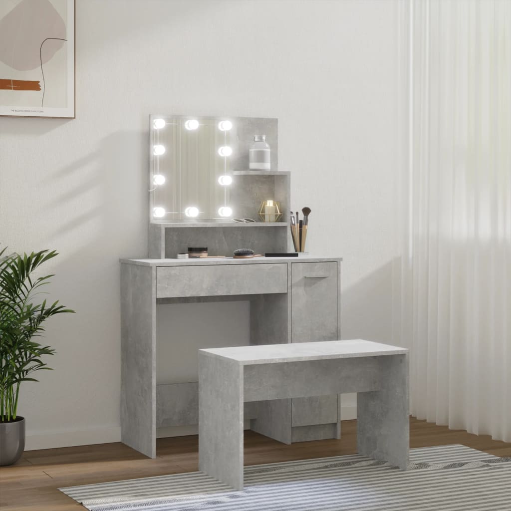 vidaXL Dressing Table Set with LED Concrete Grey Engineered Wood