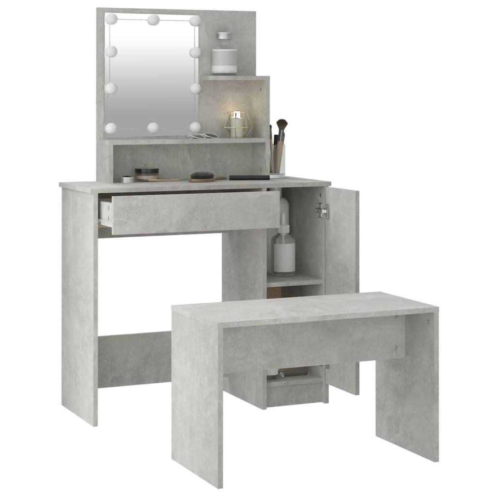 vidaXL Dressing Table Set with LED Concrete Grey Engineered Wood