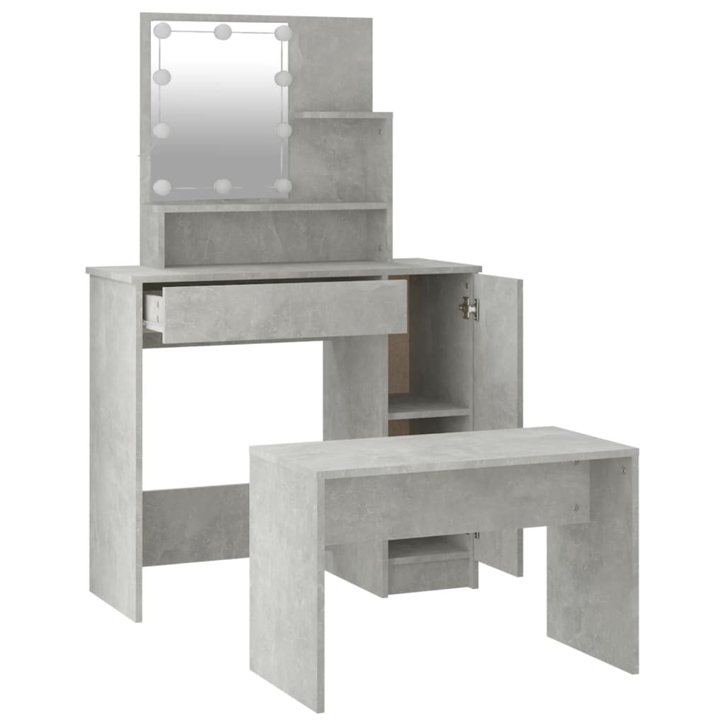 vidaXL Dressing Table Set with LED Concrete Grey Engineered Wood