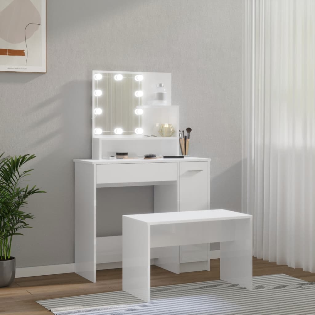 vidaXL Dressing Table Set with LED High Gloss White Engineered Wood