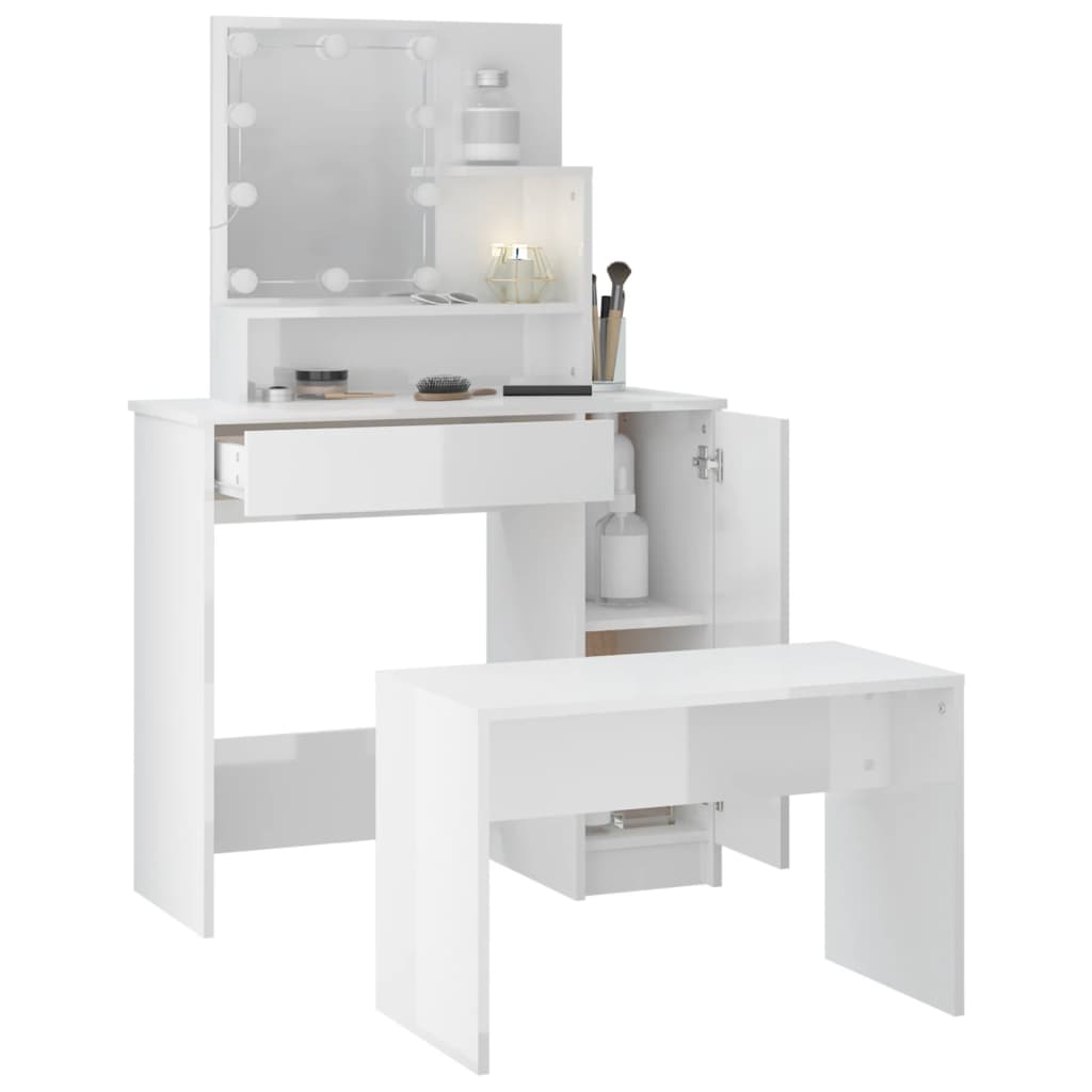 vidaXL Dressing Table Set with LED High Gloss White Engineered Wood