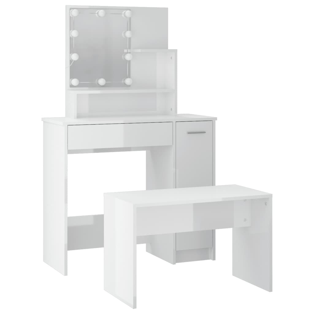 vidaXL Dressing Table Set with LED High Gloss White Engineered Wood