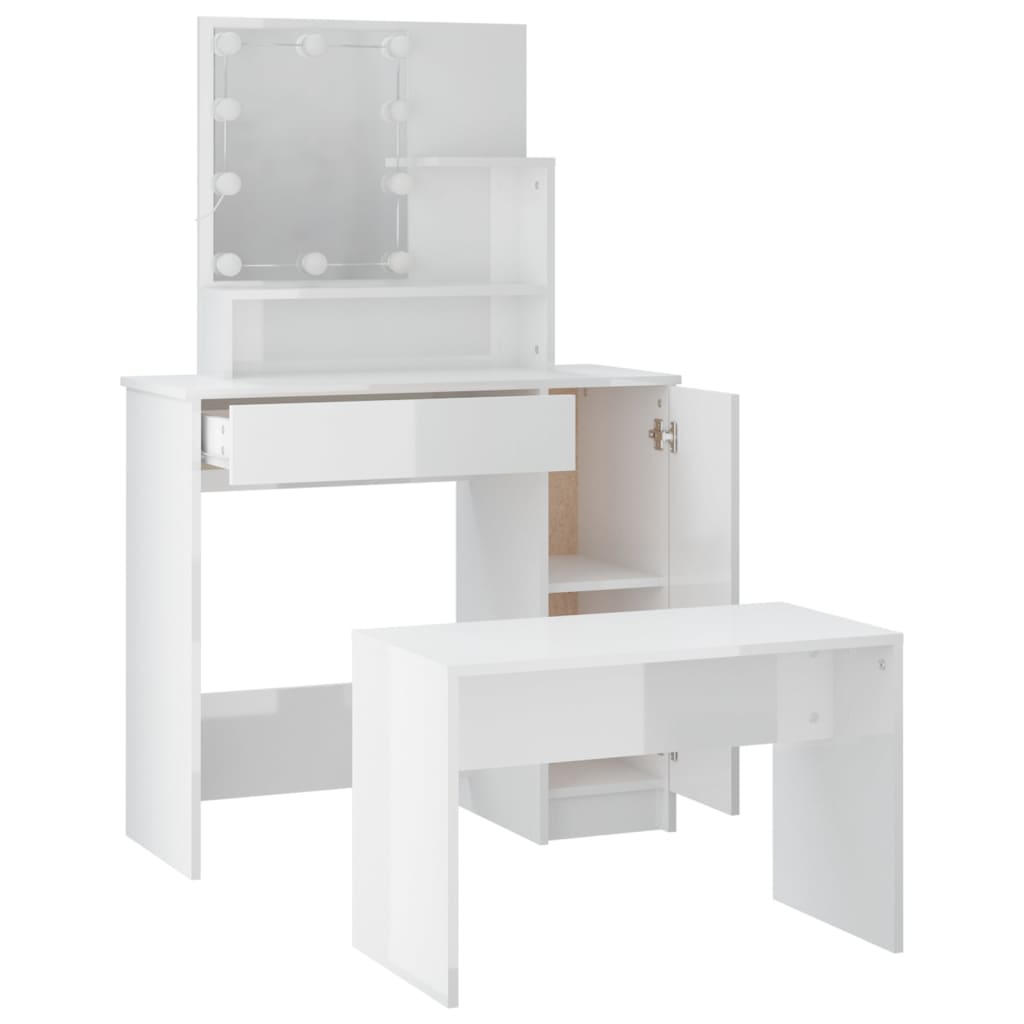 vidaXL Dressing Table Set with LED High Gloss White Engineered Wood