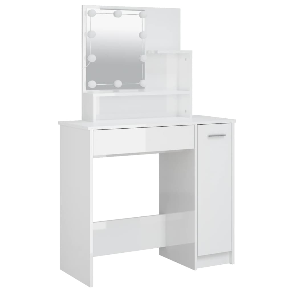 vidaXL Dressing Table Set with LED High Gloss White Engineered Wood