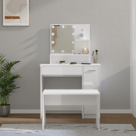 vidaXL Dressing Table Set with LED High Gloss White Engineered Wood