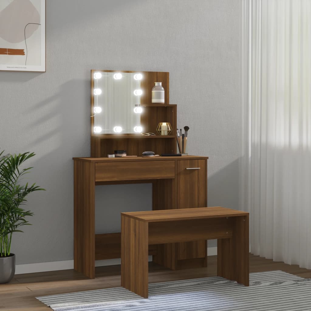 vidaXL Dressing Table Set with LED Brown Oak Engineered Wood