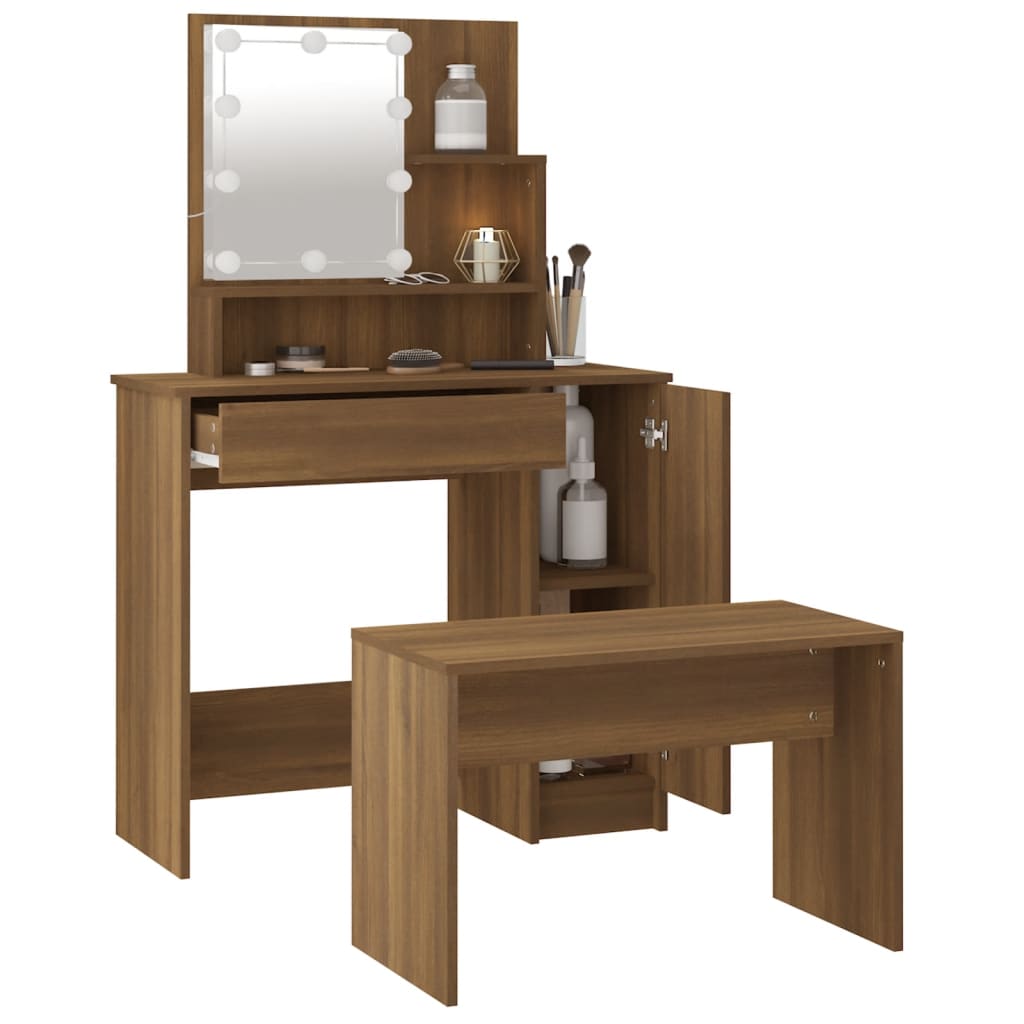 vidaXL Dressing Table Set with LED Brown Oak Engineered Wood