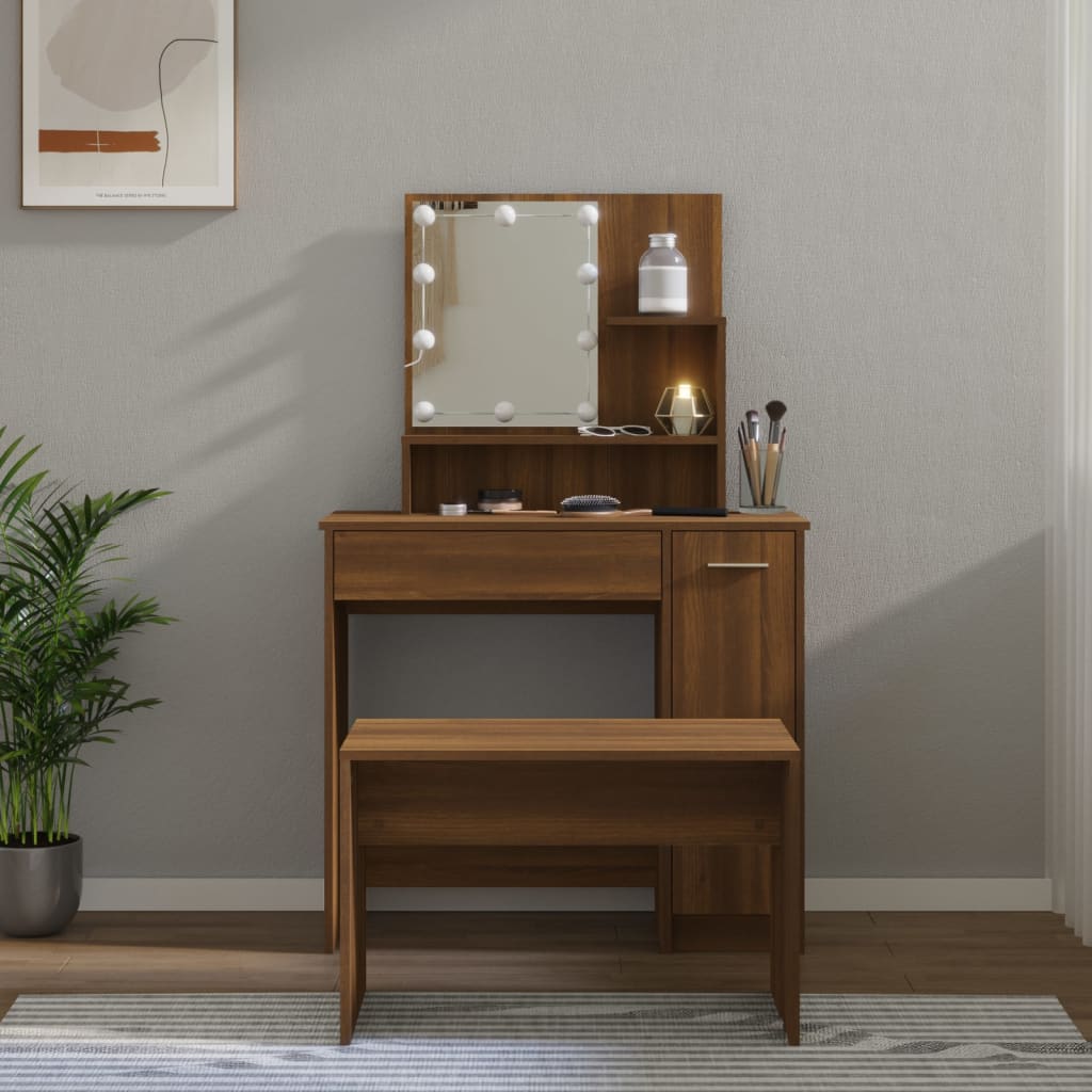 vidaXL Dressing Table Set with LED Brown Oak Engineered Wood